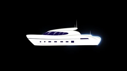 2D animation on alfa channel, neon lights flashing and forming shape of yacht. Lights transforming into complete white vessel and leaving. Tourism industry, travelling, sea transport.
