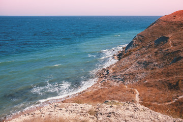 Rocky seashore. Sea nature landscape. View of the sea from the mount. Crimea