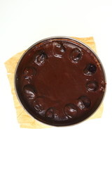 Chocolate Topped Sponge Cake with Prunes and Toffee Sauce