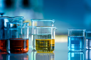 Beakers glassware on the table in laboratory research and develovment