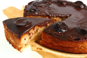 Chocolate Topped Sponge Cake with Prunes and Toffee Sauce