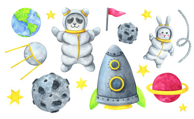 Astronaut, Panda, rocket, satellite, Bunny, asteroid, stars, planet. A collection of watercolor illustrations about a trip to outer space. Isolated objects on a white background. Decor for children 