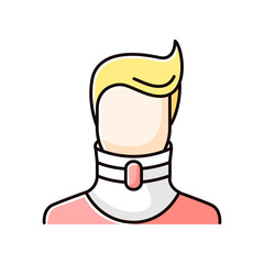 Cervical fracture RGB color icon. Broken neck. Human in neck brace, collar. Medical device. Healthcare. Treatment. Injury, trauma. Accident. Isolated vector illustration