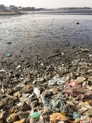 karachi,sindh,pakistan 1/26/2020 lots of plastic bags and pollution on the beach of karachi city