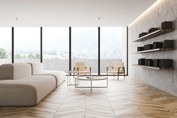 Panoramic living room with sofa and bookshelves