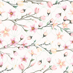 Seamless pattern with blooming branches. Pink flowering