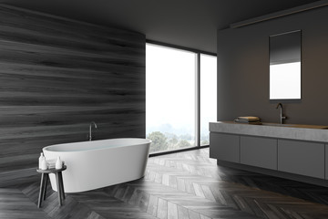Gray and wooden bathroom corner, tub and sink