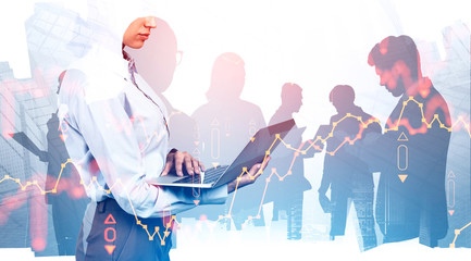 Woman with laptop and her team in city, chart