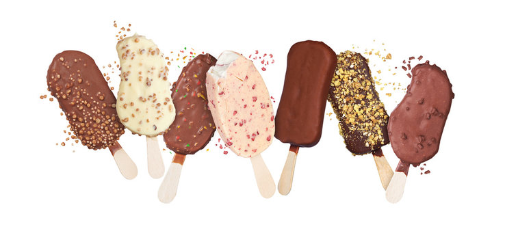 Heap of chocolate flavored ice creams on a stick