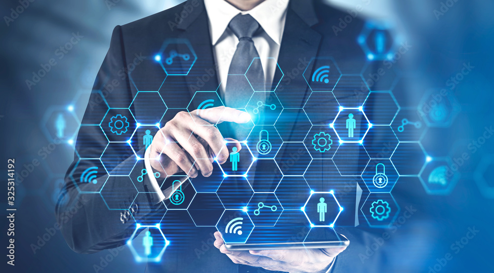 Poster man with tablet using business interface