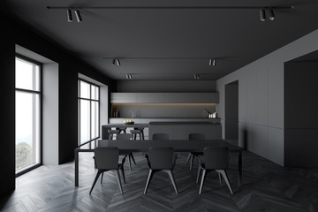 Gray kitchen interior with table and bar