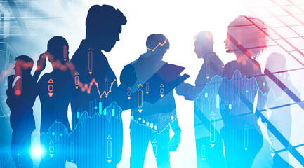 Diverse business team in city, digital chart