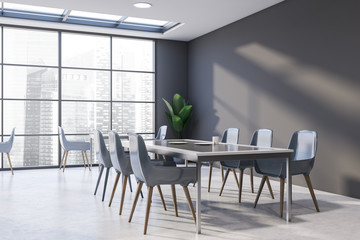 Panoramic gray cafe interior with blue chairs