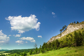 Outstanding limestone rock. Smolegowa Skala. Pieniny Mountains, Poland.