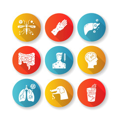 Fototapeta premium Viral infections flat design long shadow glyph icons set. Different infectious diseases, bacterial viruses. Medical diagnosis, virology. Various bacterial pathogens silhouette RGB color illustration