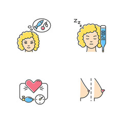 Early pregnancy symptom RGB color icons set. Food craving. Raised basal temperature. High blood pressure. Breast and nipple change. Pregnant woman feeling sick. Isolated vector illustrations