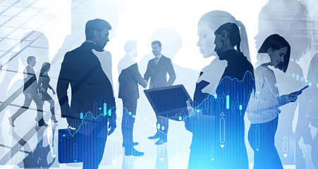 Diverse traders in city, digital chart