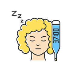 Raised basal temperature RGB color icon. Early pregnancy symptom. Girl feeling sick. Ill woman. Lady with fever. Heatstroke. Feeling unwell. Thermometer check. Isolated vector illustration