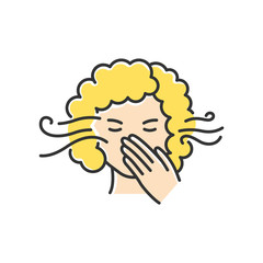 Smell sensitivity RGB color icon. Early symptom of pregnancy. Woman with allergy. Migraine sign. Bad breath. Person covering mouth. Hygiene and sanitation. Isolated vector illustration
