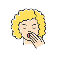 Drowsiness RGB color icon. Sleepy woman. Tired lady. Fatigue and burnout. Early symptom of pregnancy. Sleep deprivation. Insomnia sign. Yawning from exhaustion. Isolated vector illustration