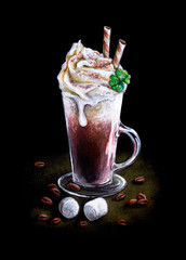 Traditional Irish Coffee alcohol cocktail beverage hand-drawn illustration on black background.