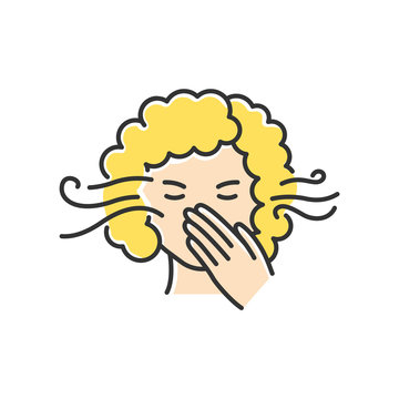 recommend clip art: Smell sensitivity RGB color icon. Early symptom of pregnancy. Woman with allergy. Migraine sign. Bad breath. Person covering mouth. Hygiene and sanitation. Isolated vector illustration