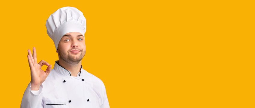 Professional Chef Gesturing OK Posing On Yellow Background, Panorama - Powered by Adobe