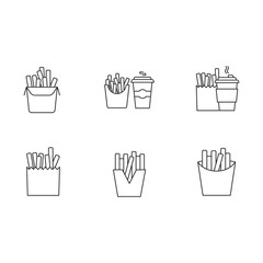 French fries pixel perfect linear icons set. Customizable thin line symbols. Fast food cafe menu. Fried potato in paper packages. Take away meal. Vector isolated outline drawin. Editable strokes