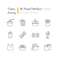 Takeaway food packages pixel perfect linear icons set. Customizable line symbols. Take out meal containers. Noodles, bucket of wings. Contour symbol.Vector isolated outline drawing. Editable strokes