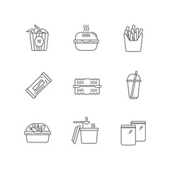 Takeaway food pixel perfect linear icons set. Wings bucket, burger box, french fries. Takeout meal packages. Customizable thin line symbols. Isolated vector outline illustrations. Editable stroke