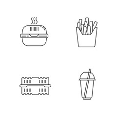 Takeaway food packages pixel perfect linear icons set. Customizable line symbols. Burger cardboard box, container, cup with straw, french fries pack. Vector isolated outline drawing. Editable strokes