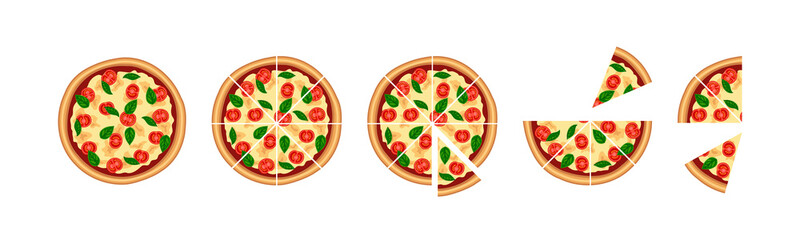 Tasty sliced pizza set. Piece of margherita with tomato, cheese, basil top view isolated on white background. Flat traditional italian fast food icon. Vector illustration for web, advert, menu