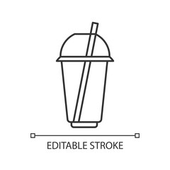 Disposable plastic cup pixel perfect linear icon. Thin line customizable illustration. Mug for cold drink, soda, juice with dome lid and straw. Beverage. Vector isolated drawing. Editable stroke