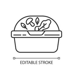 Plastic container for salad pixel perfect linear icon. Thin line customizable illustration. Reusable lunchbox. Takeaway food package. Takeout meal in lunch box. Vector isolated drawing Editable stroke