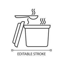 Takeout hot food container pixel perfect linear icon. Thin line customizable illustration. Takeaway soup with spoon. Convenience food, instant meal package. Vector isolated drawing. Editable stroke