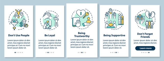 Friends relationship onboarding mobile app page screen with concepts. Be loyal, trustworthy and supportive walkthrough 5 steps graphic instructions. UI vector template with RGB color illustrations