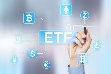 Bitcoin ETF. Exchange traded fund and cryptocurrency concept on virtual screen.