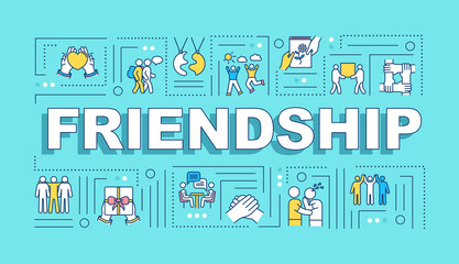 Fototapeta na wymiar Friendship word concepts banner. Mutual affection. Friendly interpersonal relationship. Infographics with linear icons on blue background. Isolated typography. Vector outline RGB color illustration