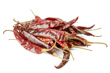 Pile crushed red pepper, Cayenne pepper, dried chili flakes isolated on white background