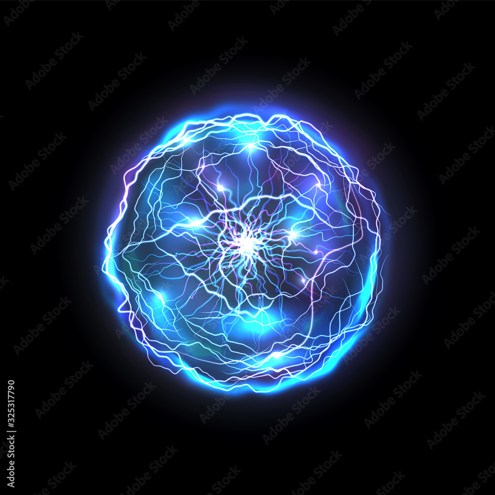 Poster isolated energy ball made of lightning. glowing realistic blue circle or abstract vector bright sphe