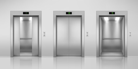 Realistic vector elevators with opened and closed, half-open doors. Steel lift in modern interior with up and down arrow buttons and floor indicator. Building or office hall, hotel corridor doorway © Sensvector