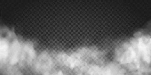 Outdoor kussens Vector realistische rookwolk of grijze mist, raket of raketlanceringsvervuiling. Abstract gas op transparante achtergrond, stoommachine stoom of explosie stof, droogijs effect, condensatie, rook © Sensvector
