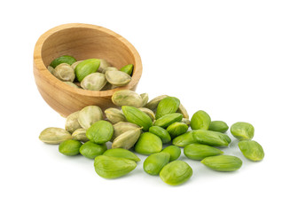 Parkia speciosa seeds, Sato seeds, bitter bean isolated on white background.Thai vegetable food