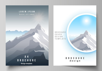 Vector layout of A4 format modern cover mockups design templates for brochure, magazine, flyer, booklet, report. Mountain illustration, outdoor adventure. Travel concept background. Flat design vector