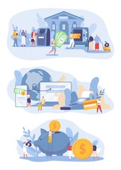 Bank operations, financial transactions and payments vector illustration. Online banking, money transfers and bank account service concept. Modern flat style design, cartoon characters money operation