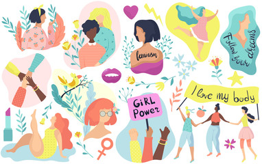 Feminism icons, women rights, girl power vector illustration. Set of isolated icons and stickers of feminists movement, woman activist protest. Feminism concept, modern woman inspirational icons