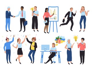 Business people work in office, cartoon characters vector illustration. Man and woman employees in different office activities, working and cooperating businessmen, successful company workers isolated