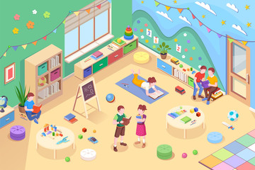 Children at kindergarten reading books. Isometric vector playroom with preschool kids reading textbook. Child on carpet with literature. Boy and girl learning. Room interior. Childhood study, teaching