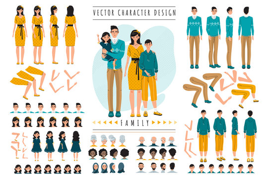 Family cartoon characters constructor set vector illustration. Parents and children in different poses, isolated editable body parts, facial expressions and age. Family generator constructor set