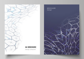 Vector layout of A4 format cover mockups design templates for brochure, flyer. Digital technology and big data concept with hexagons, connecting dots and lines, polygonal science medical background.